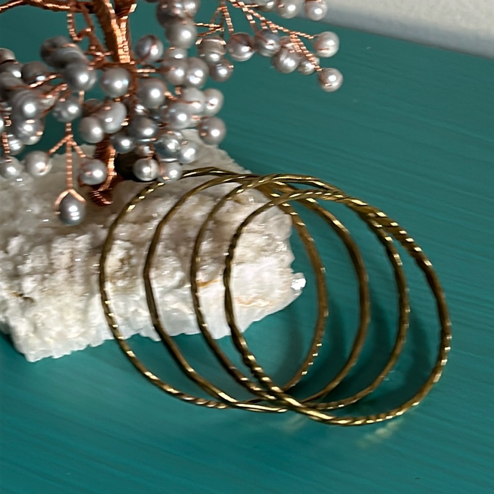 Vintage 4 Piece Collection Brass Antique Gold Colored Bangle Bracelets Set